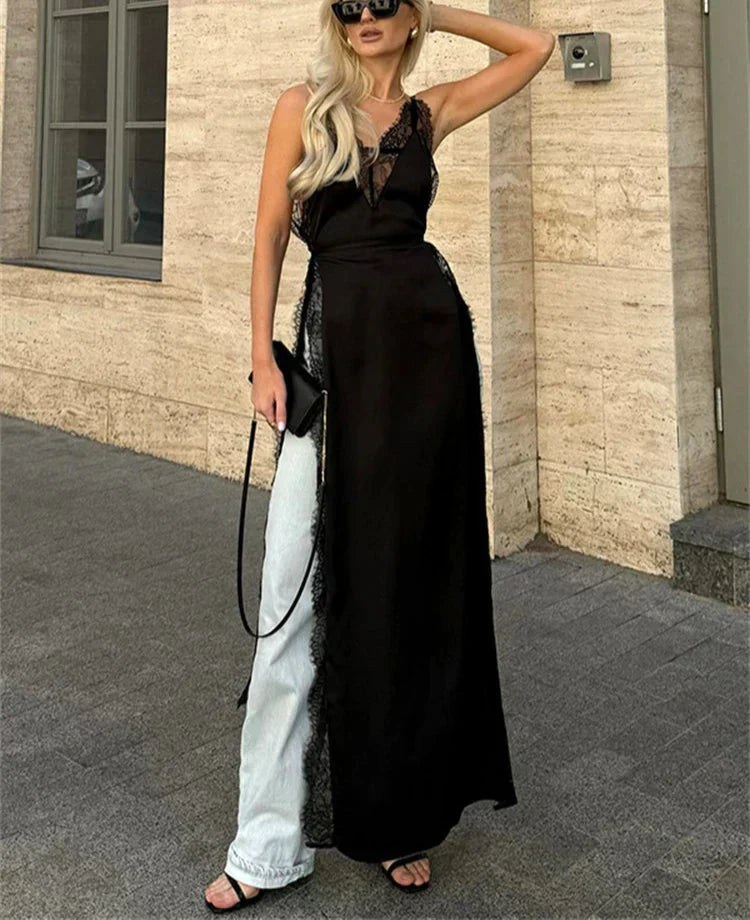 Lace Satin Patchwork High Split Maxi Dress - View 6
