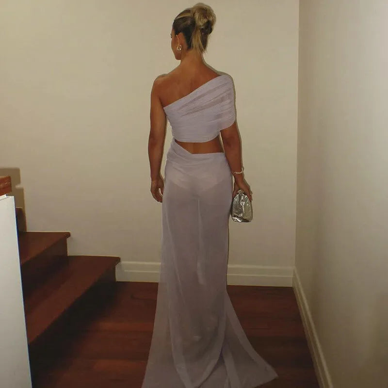 Mesh Backless One - Shoulder Long Dress - View 12