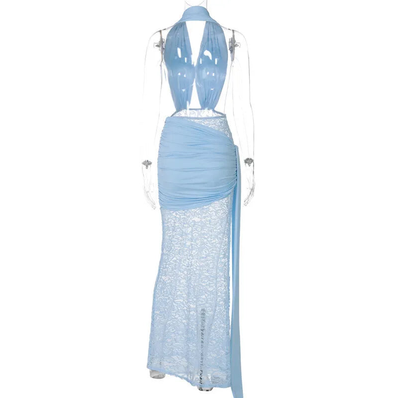 Halter Deep V Neck Lace Sleeveless Long Dress - View 23