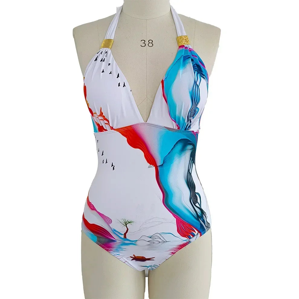 Deep V Halter Belly Cover One Piece Set