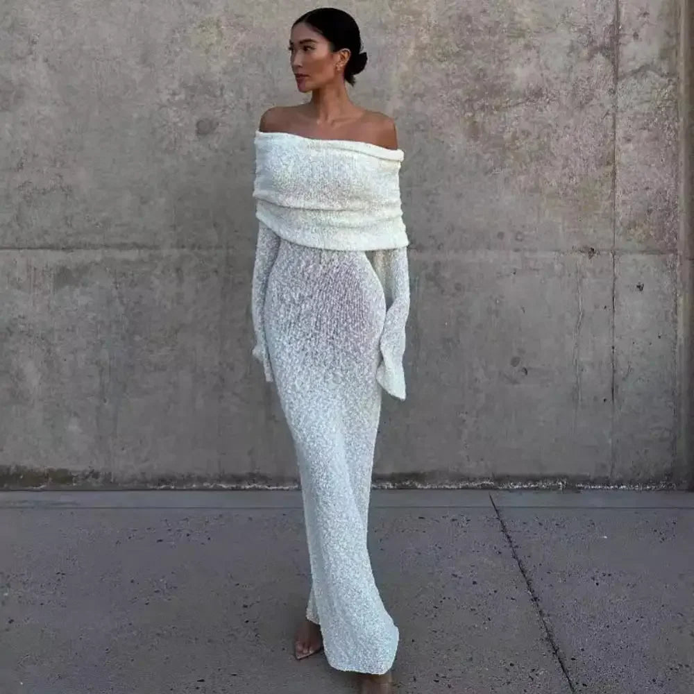 Hollow Knitted Off Shoulder Midi Dress