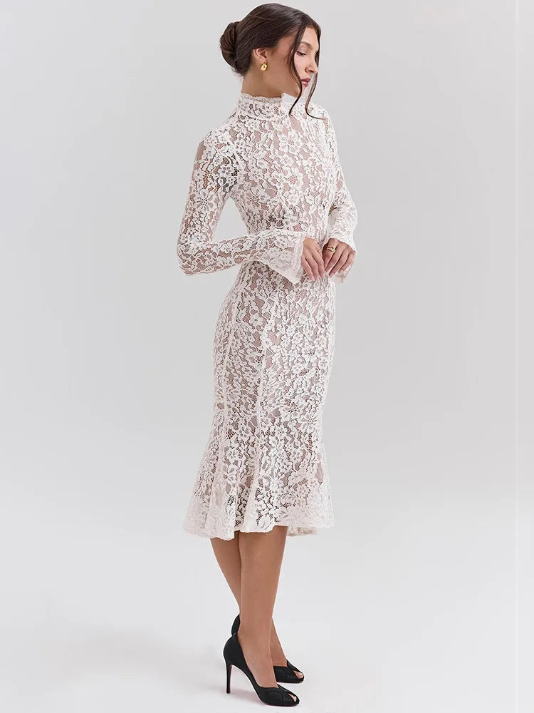 Floral Lace Mock Neck Long Sleeve Scalloped Cuff Bodycon Gown - View 6