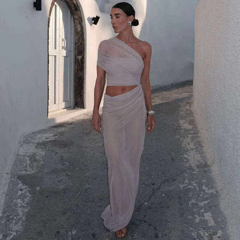 Mesh Backless One - Shoulder Long Dress - View 13