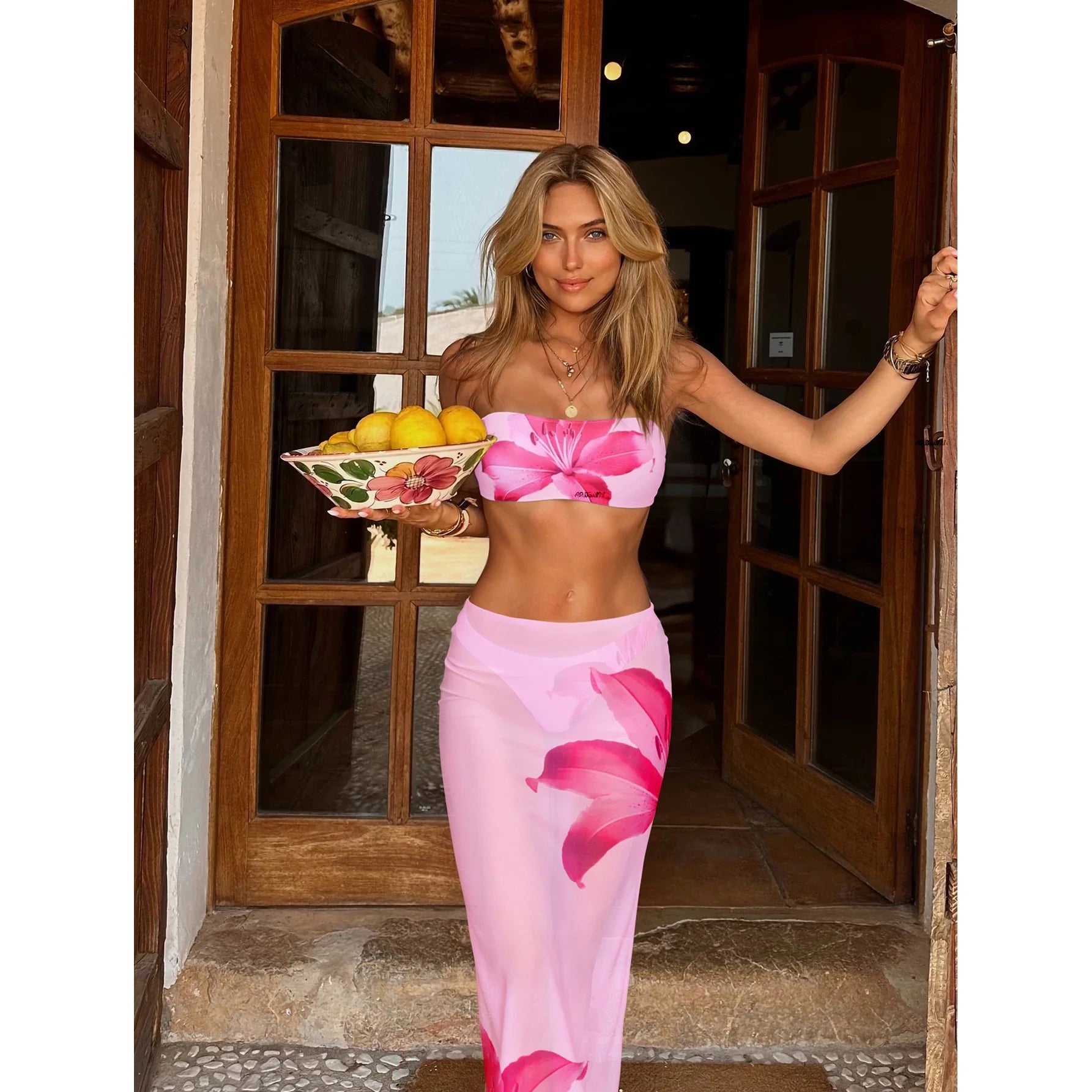 Leaves Print Tunic Three Piece Swimsuit