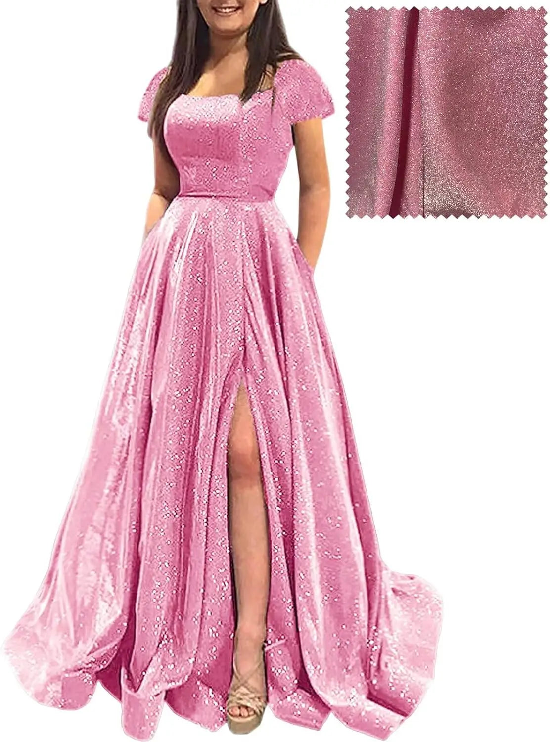 Elegant A-Line Formal Evening Gown with Pockets and Glitter - Fashionpara