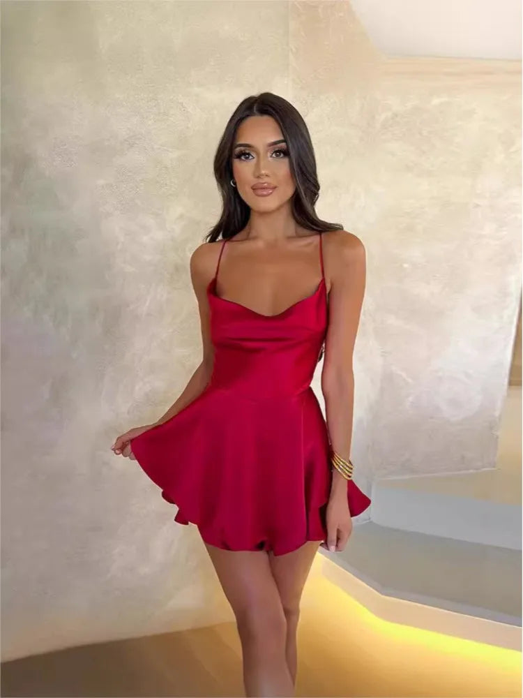 Satin Cowl Neck Spaghetti Strap Tiered Ruffle Flared Mini Dress - View 7