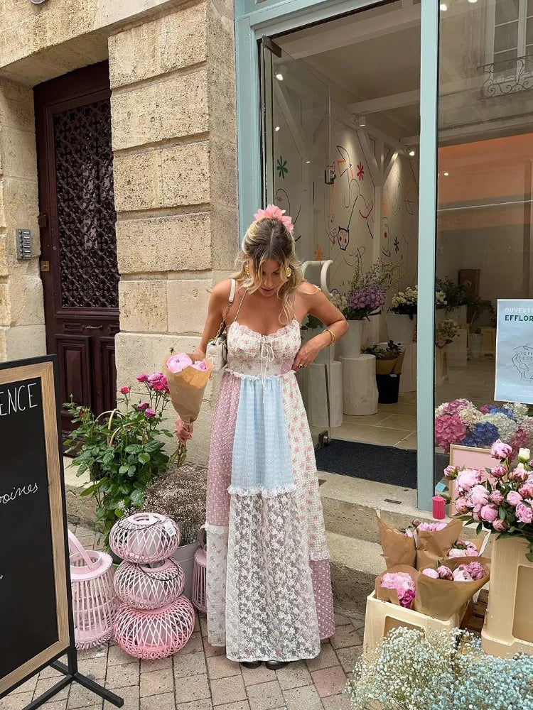 Printed Lace Halter Backless Spaghetti Strap Summer Dress - View 6
