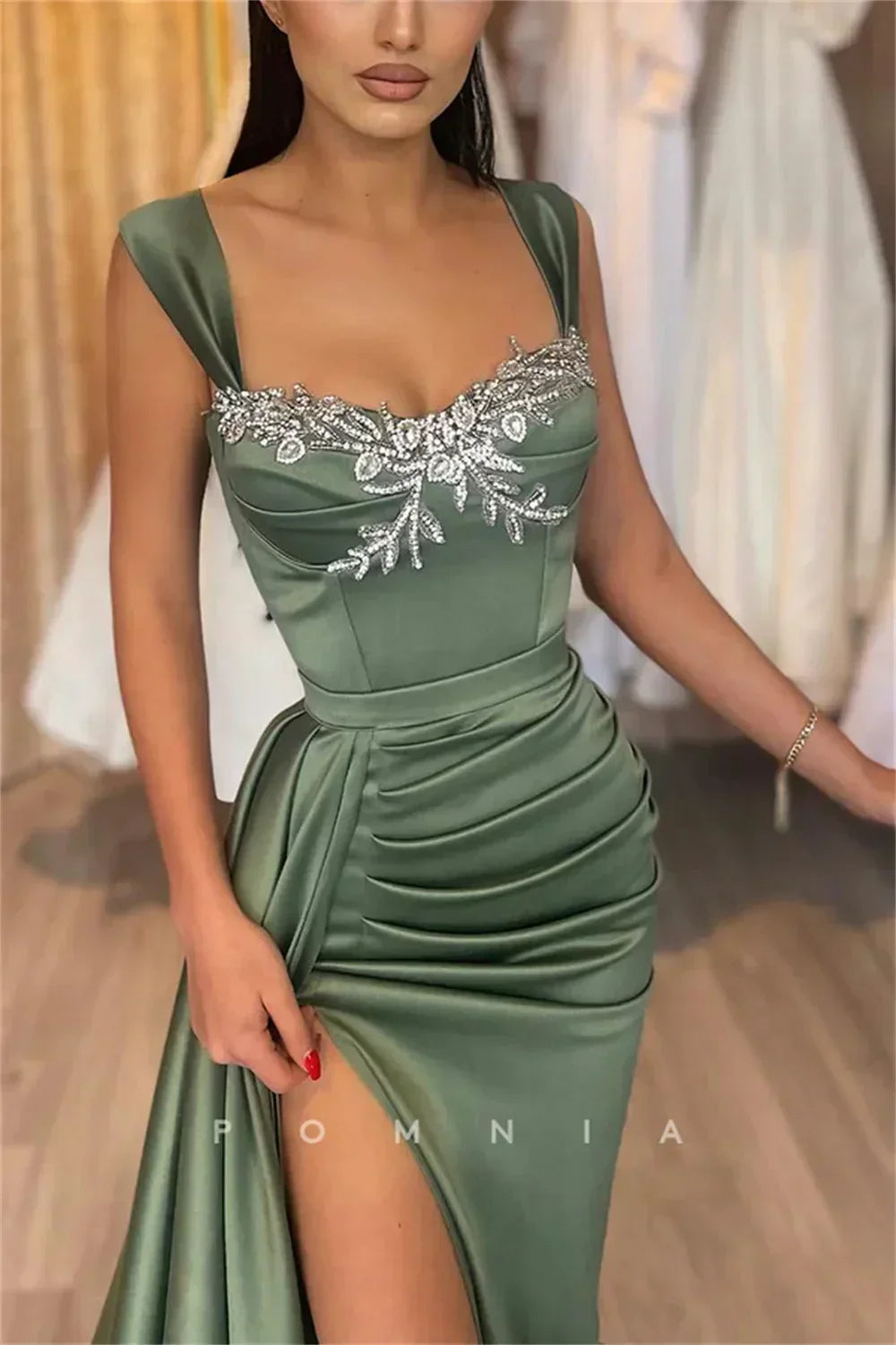 Satin Beaded Strap Sweetheart Ruched High Split Mermaid Prom Gown