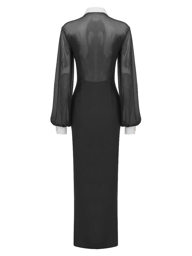 Mesh Long Sleeve Collared Button Front High Split Maxi Gown - View 7