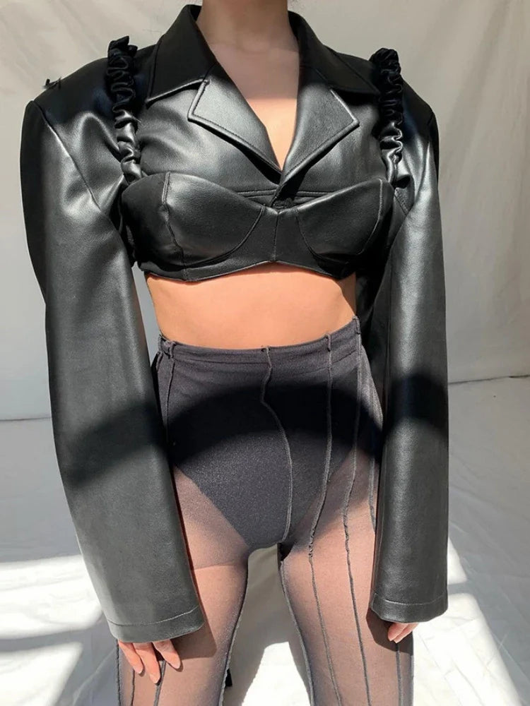 Black Slim PU 2Piece Tank Jacket - Fashionpara