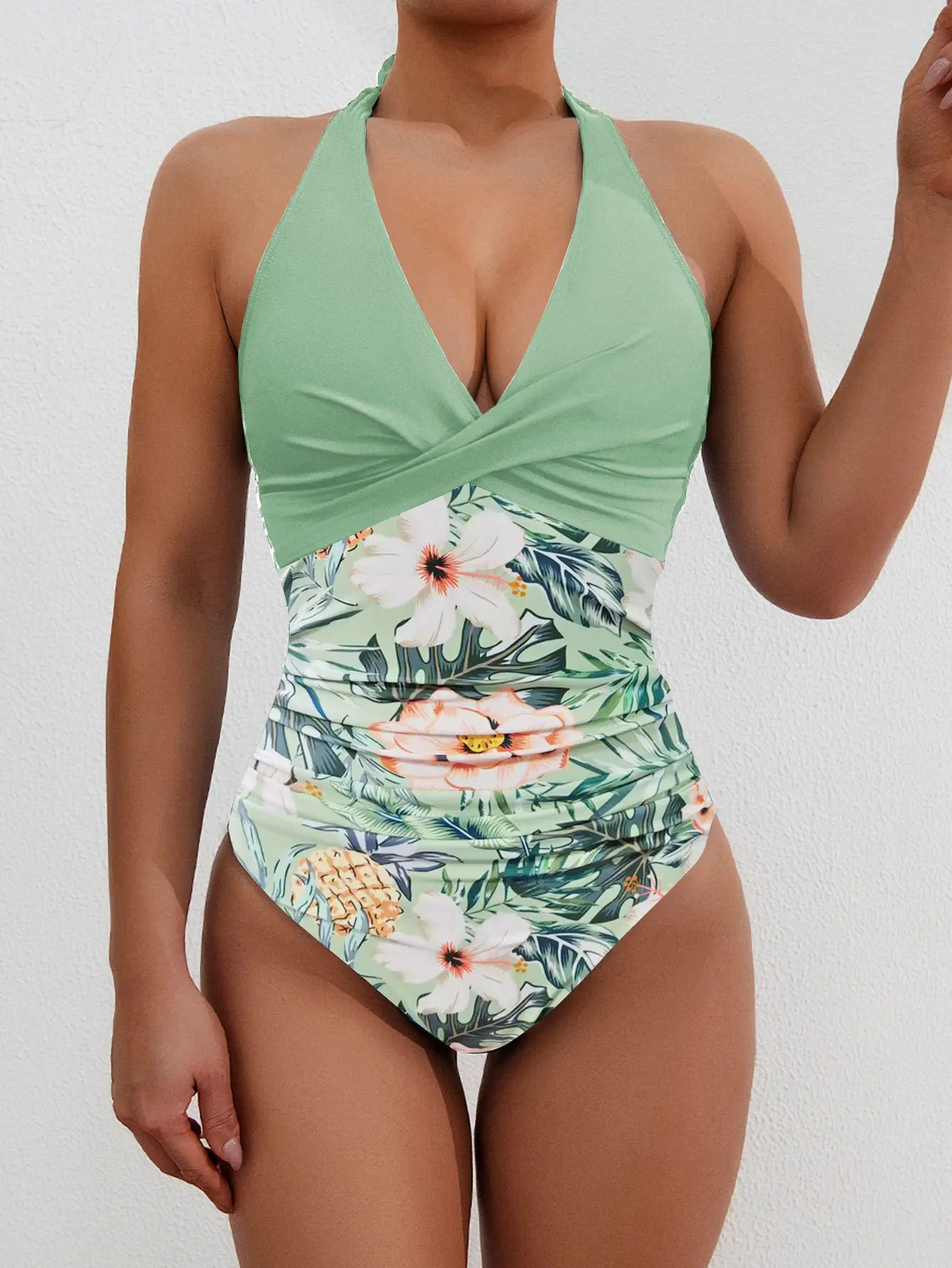 Print Patchwork Halter Push Up One Piece Set