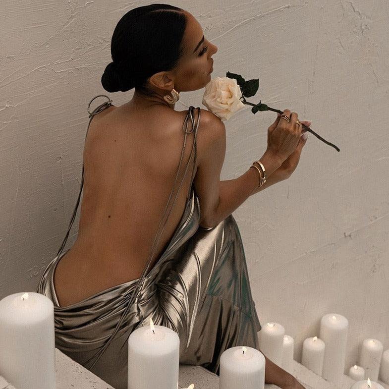 Metallic Tie-Strap Backless Cowl-Back Maxi Dress 6