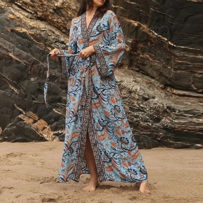 Retro Floral V-Neck Beach Cover Up
