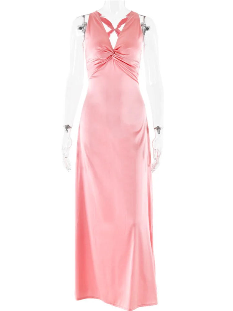 V Neck Sleeveless Satin Bow Backless Maxi Dress - View 11
