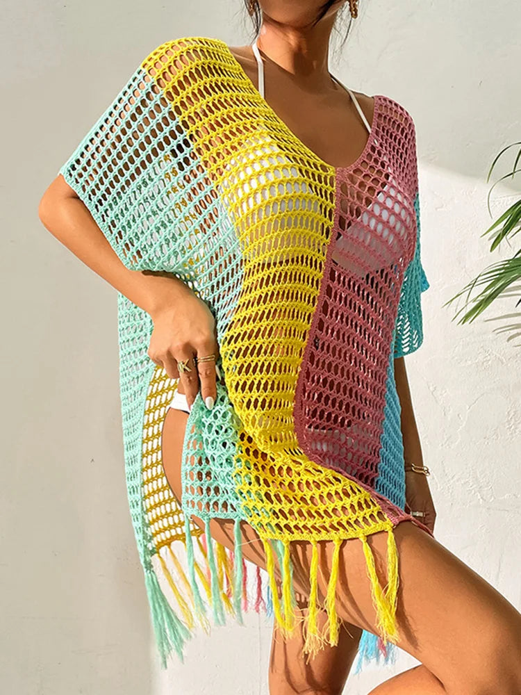 Contrast Color Tassel Hollow Beach Cover Up