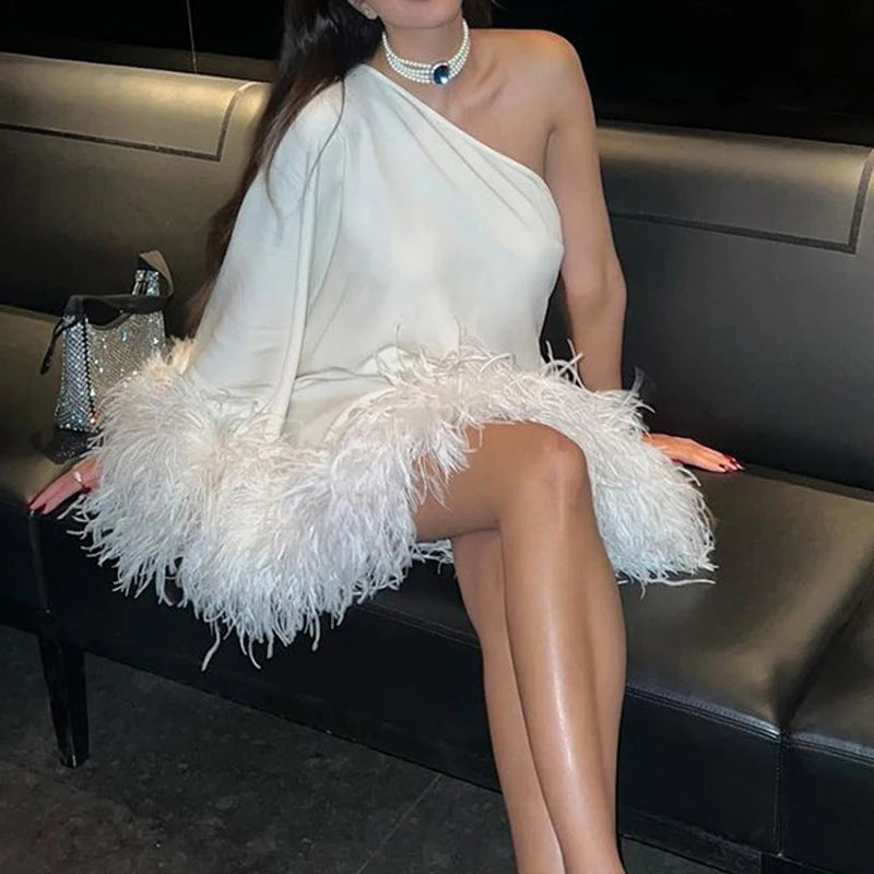 Chic One Shoulder Feather Hem Dress for Elegant Parties - Fashionpara