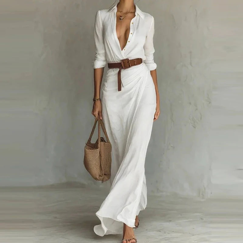 Draped Long Sleeve Belted Casual Dress for Elegant Events