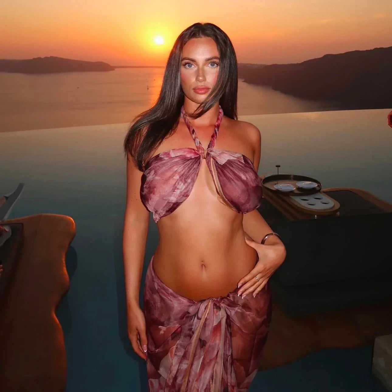 Purple Printed Halter Push Up Sexy Three Piece Swim Sets - Fashionpara