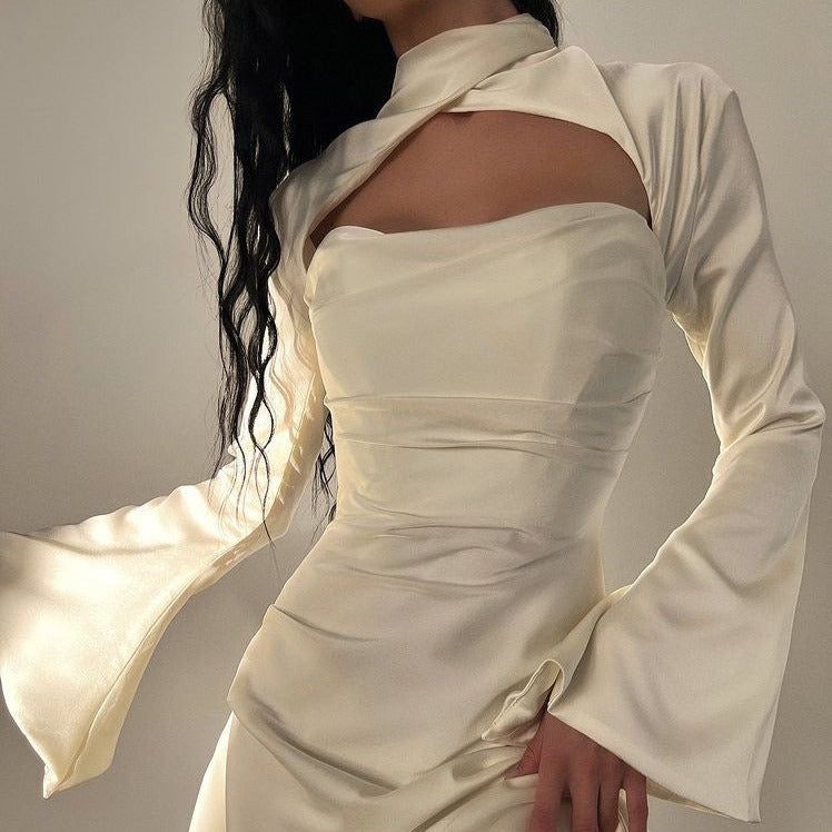 Satin Halter Cut Out Flare Sleeve Ruched Mini Dress