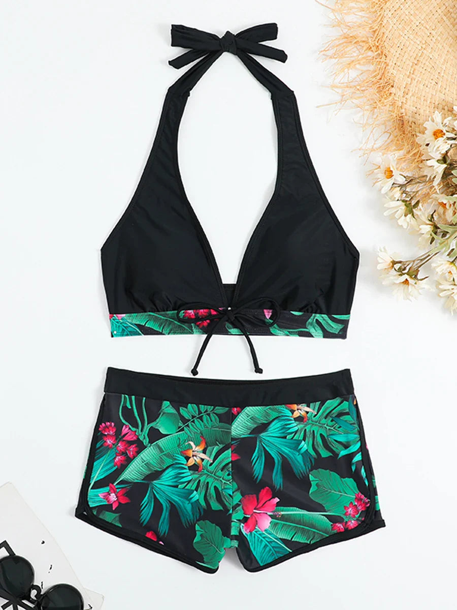 Leaf Print Knot Front Halter Two Piece Set