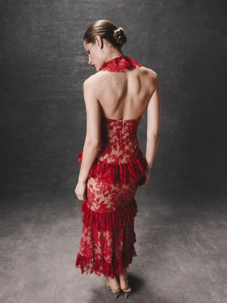 Floral Lace Halter Neck Ruffle Tiered Midi Dress - View 2