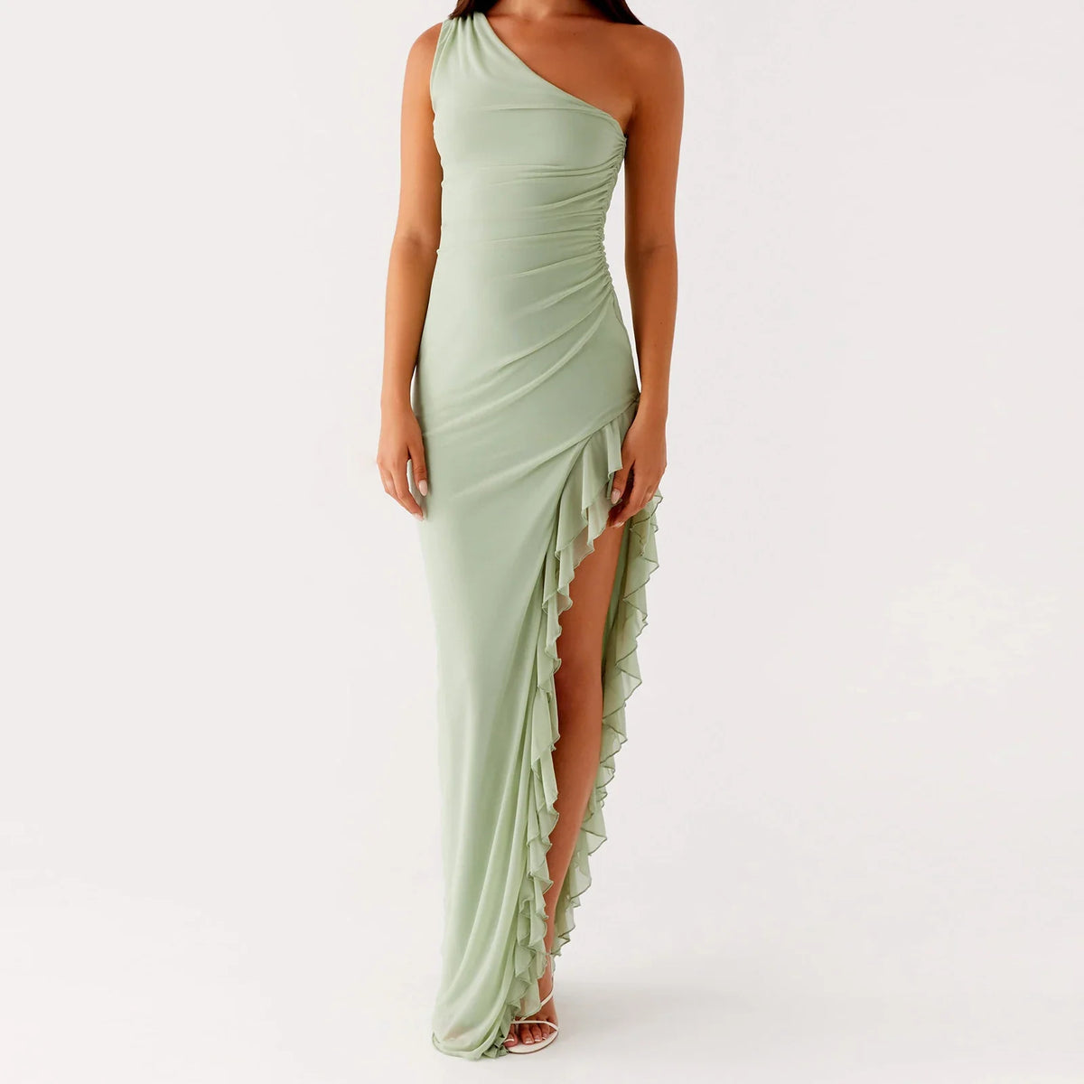 One-Shoulder Ruched Ruffle High-Slit Maxi Gown