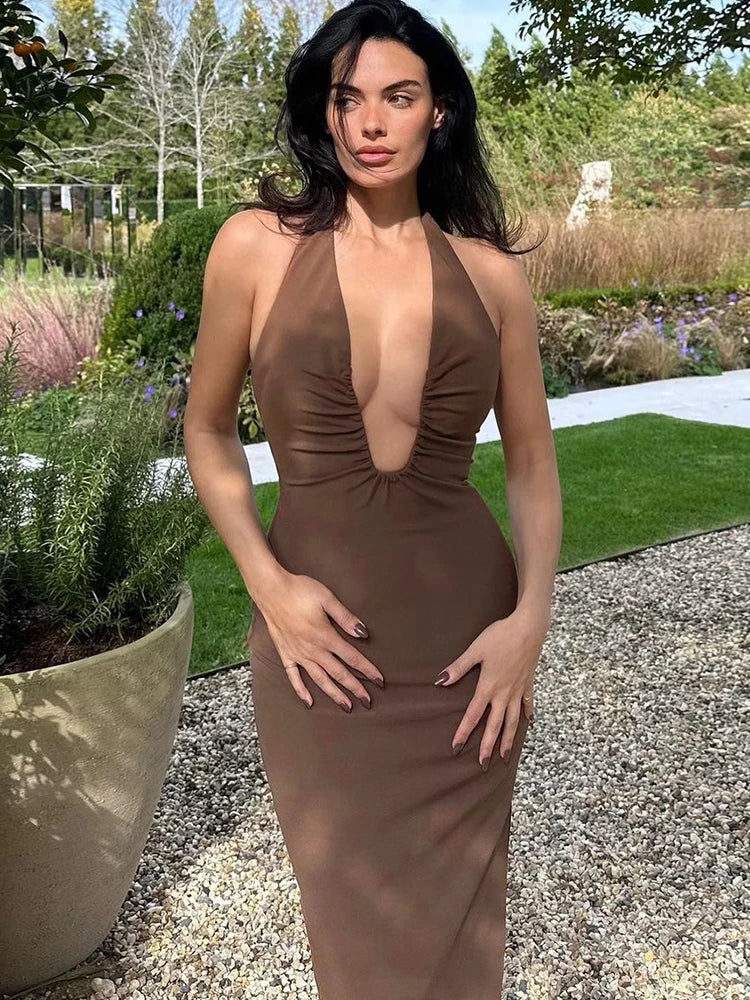 Deep Plunge Halter Neck Ruched Bodycon Maxi Dress 8