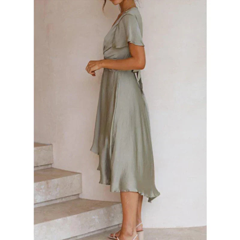 Satin Tie Front Deep V-Neck Flutter Sleeve High Split Midi Dress - View 6