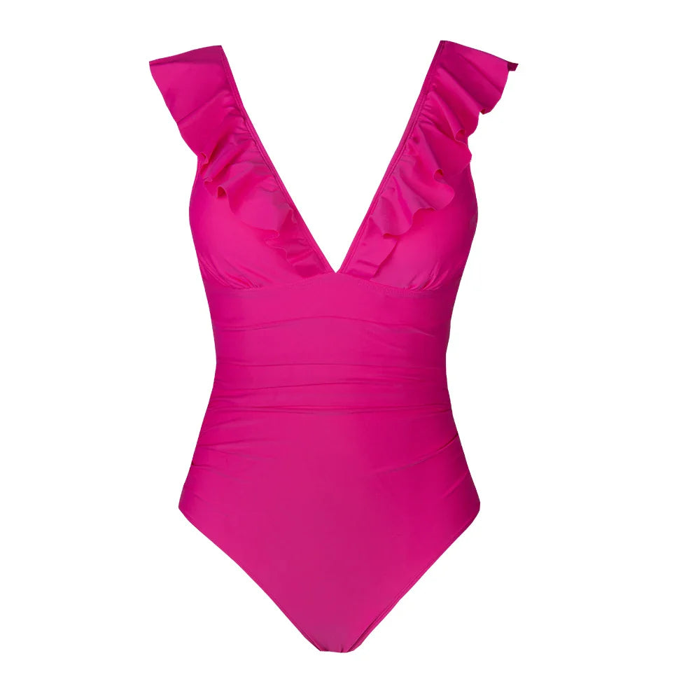 Ruffled V-neck Lace Up Monokini One Piece Set