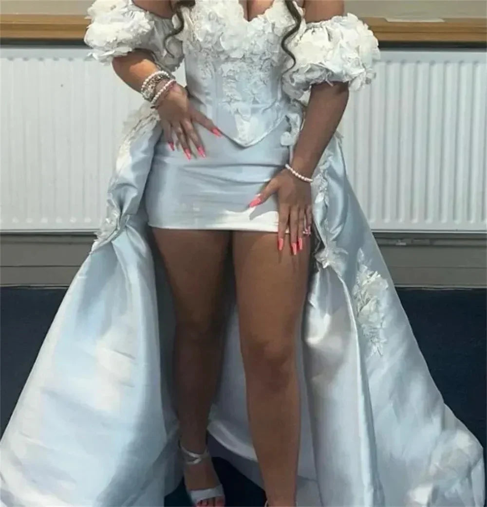 Satin Off Shoulder Puff Sleeve Corset High Low Mini Dress