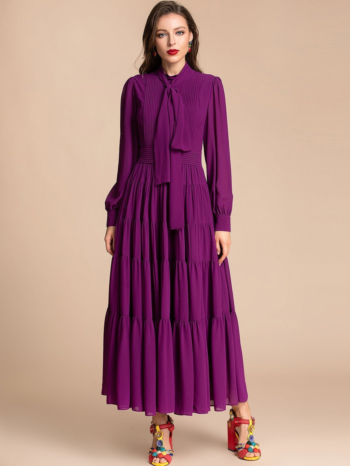 Pleated Tie Neck Long Sleeve Tiered Maxi Dress 4