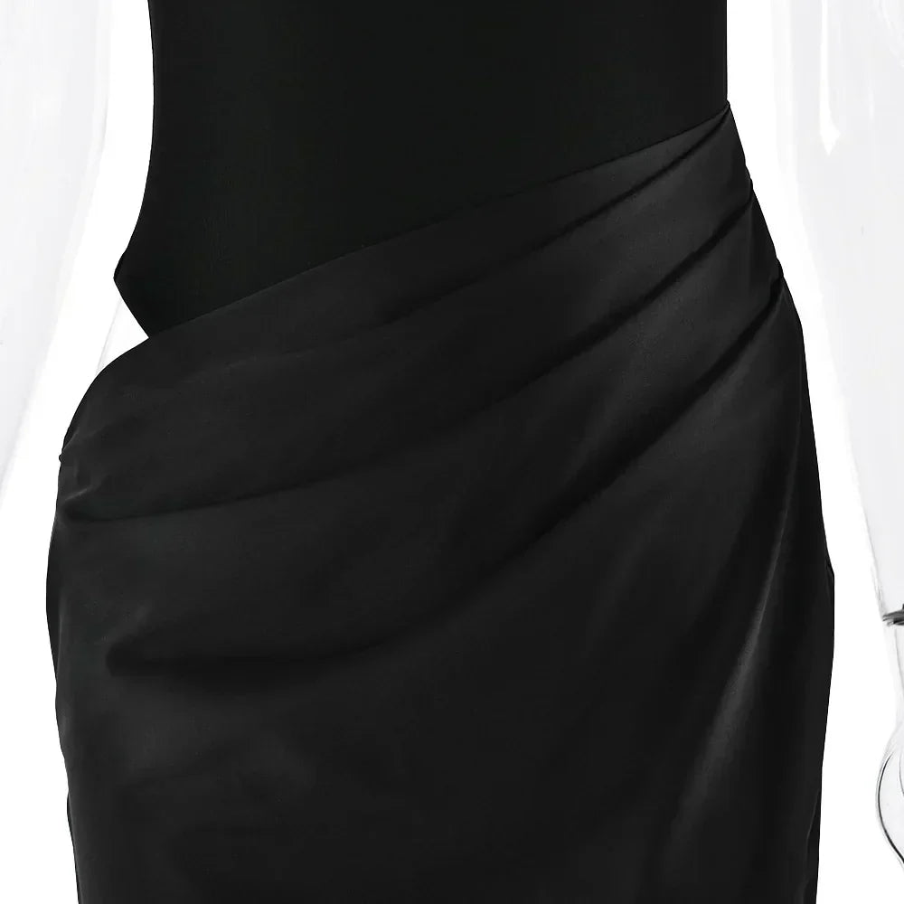 Halter Neck Sleeveless Ribbed Bodice Draped Waist Satin Maxi Gown 28