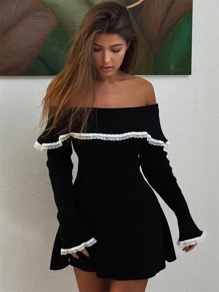 Off Shoulder Ribbed Knit Lace Backless Sweater Mini Dress - View 5
