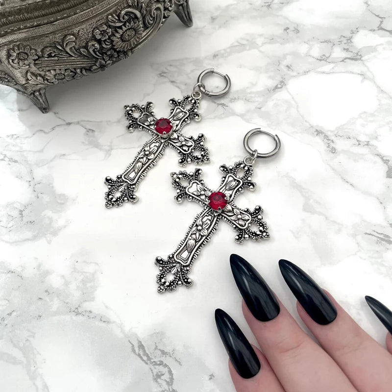 Dark Silver Gem Cross Marriage Declaration Earring