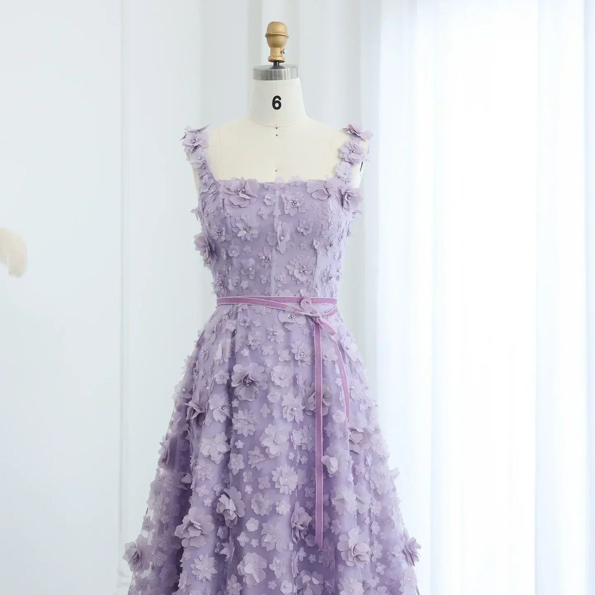 3D Floral Applique Square Neck High Split Tulle A-Line Gown - View 2