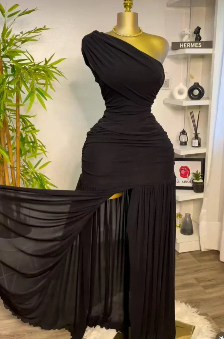 One Shoulder Mesh Solid Maxi Dress - View 5