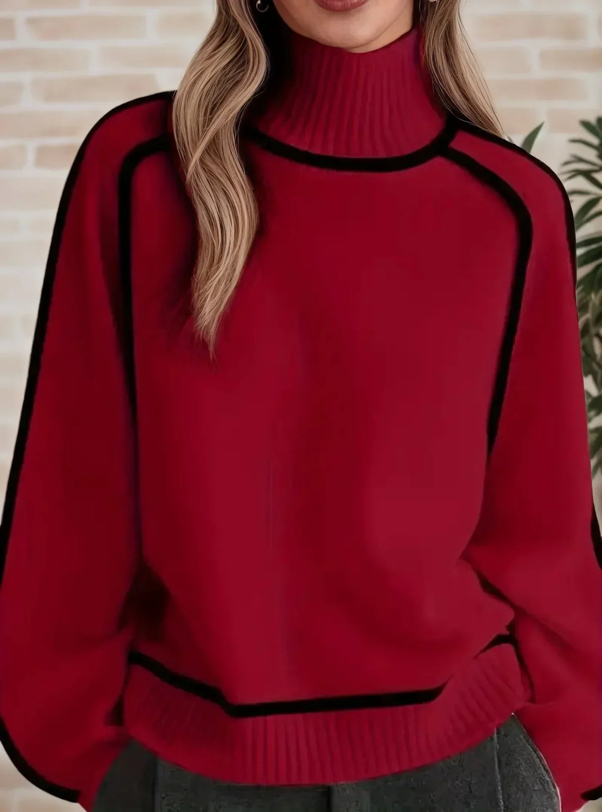 Turtleneck Long Sleeve Contrast Piped Oversized Sweater 5