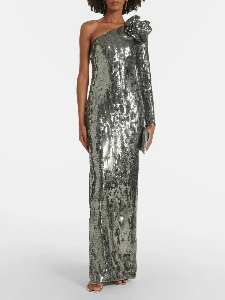 Sequin One Shoulder Long Sleeve Rosette Bodycon Maxi Dress - View 7