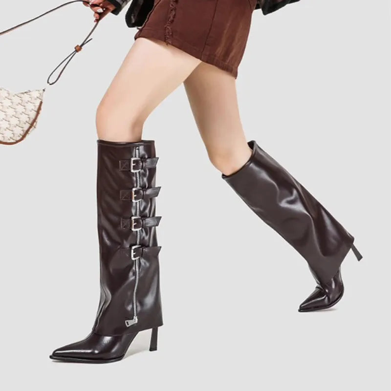 Catwalk Punk Glossy Faux Leather Alloy Clasp Tall Boot   Gothic Shiny Leather Metal Buckle Knee-High Boot