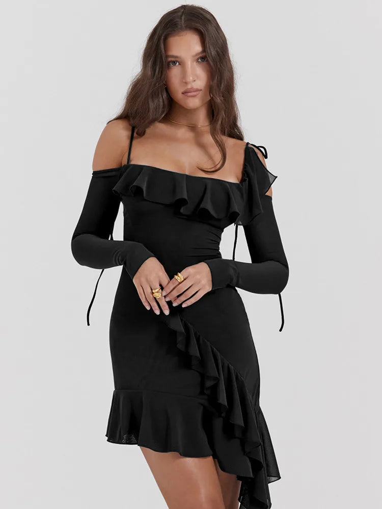 Off Shoulder Ruffle Long Sleeve Bodycon Mini Dress 8