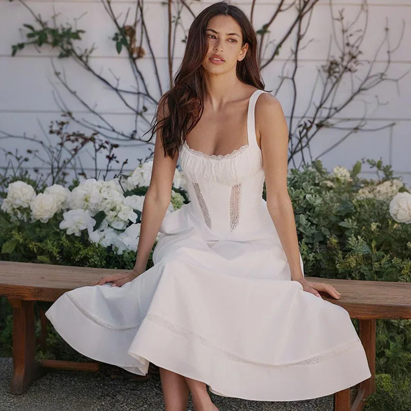 Lace Side A-Line Strap Midi Dress