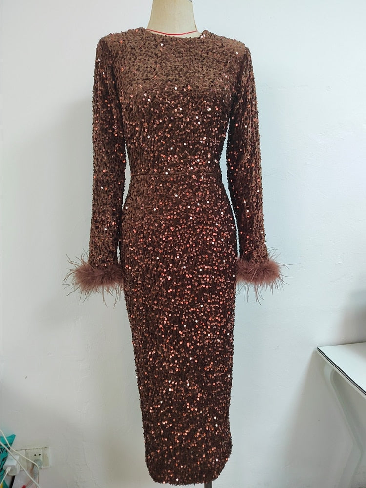 Sequin Round Neck Long Sleeve Feather-Cuff Bodycon Dress 19