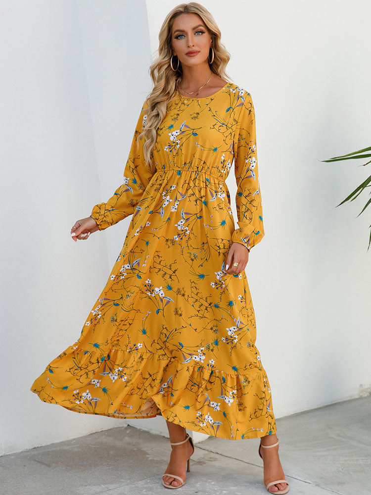 Floral Long Sleeve Round Neck Tiered Midi Dress 6