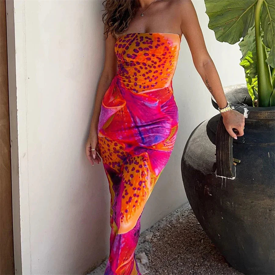 Abstract Print Strapless Ruched Bodycon Maxi Dress
