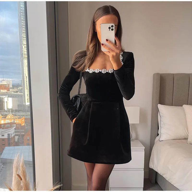 Black Rhinestone Velvet Mini Dress - View 14