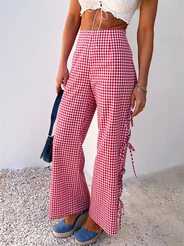 Plaid Print Lace-Up Side Hollow Casual Wide Pant