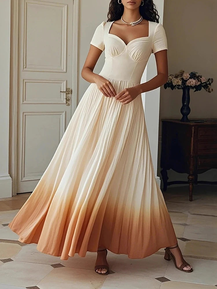 Elegant Gradient Print Maxi Dress with Deep V-neck Design