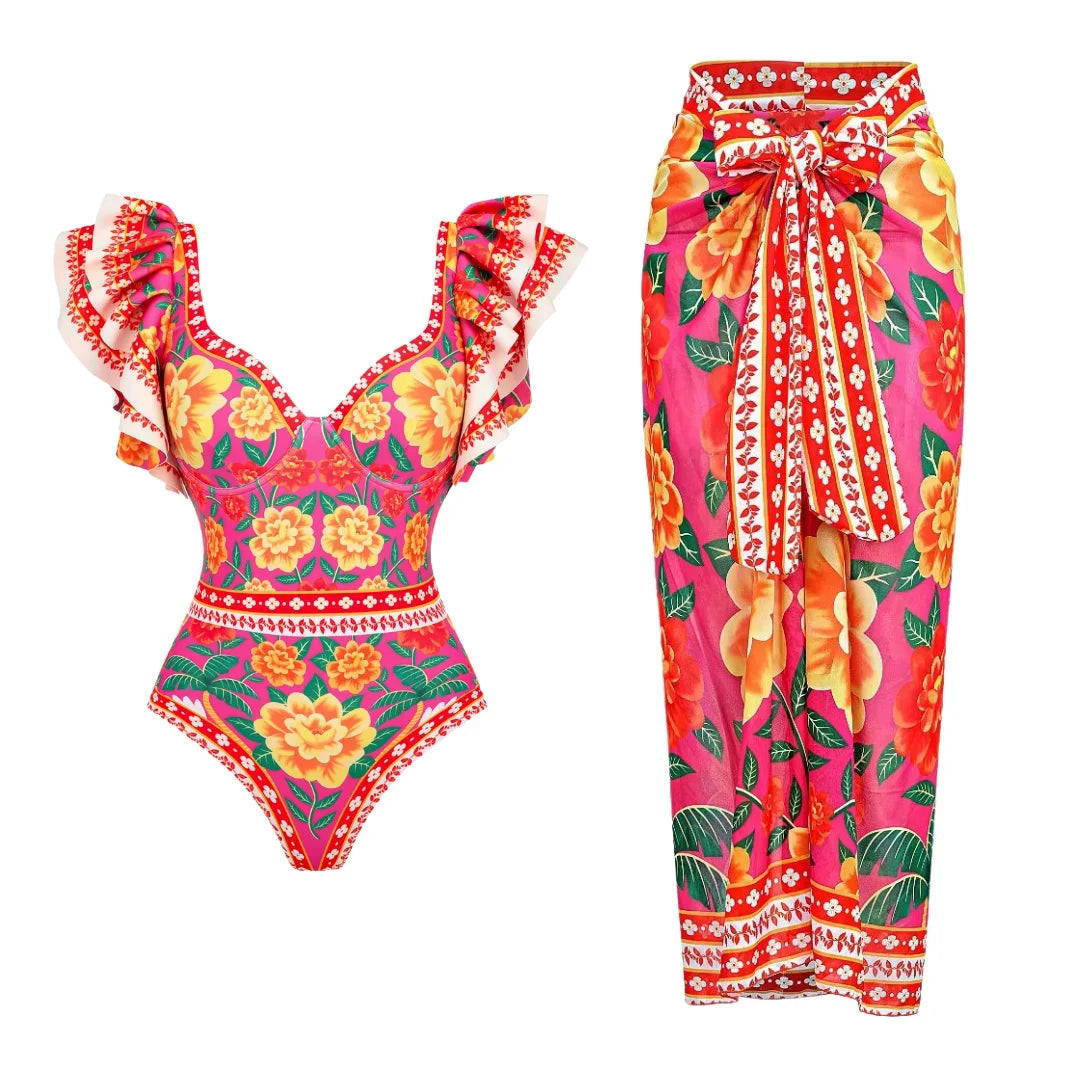Off Shoulder Print Sarong Two Piece Set