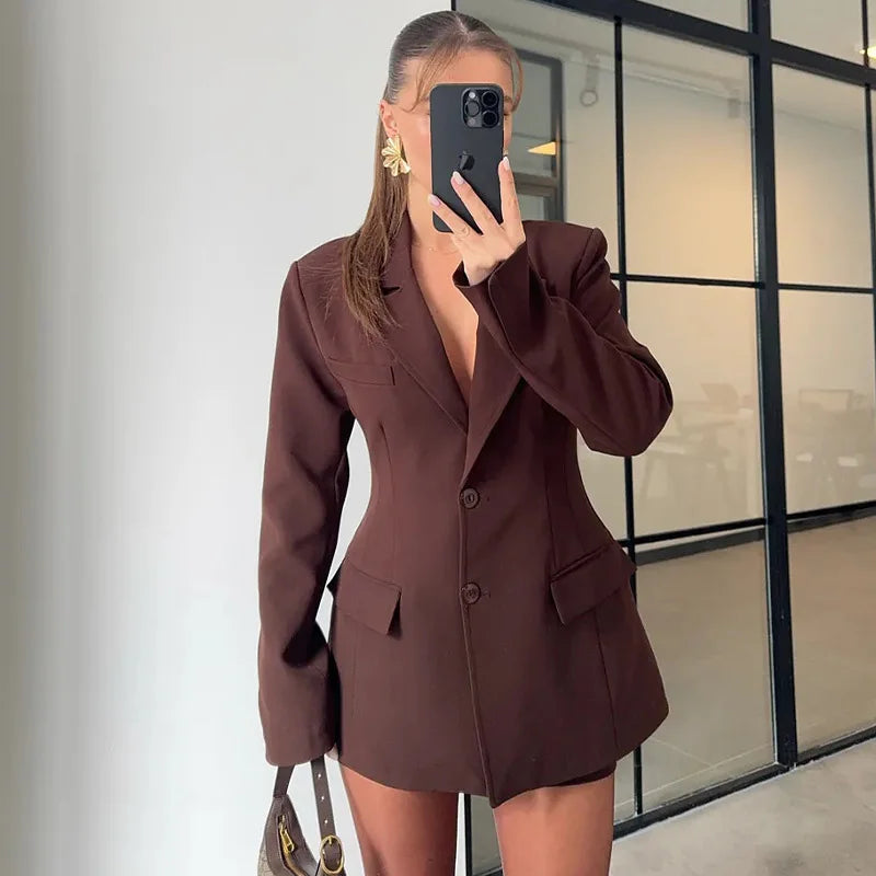 Chic Women's V-Neck Blazer and Mini Skirt Set for Fall