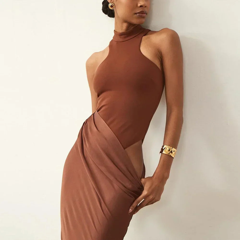Halter Neck Sleeveless Ribbed Bodice Draped Waist Satin Maxi Gown - View 7